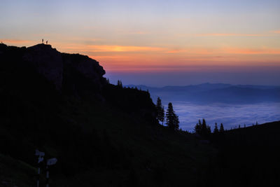 Scenic view of silhouette mountain against sky during sunset