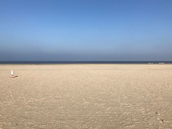 Child walking at beach against clear blue sky