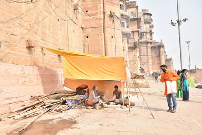 People working at town square