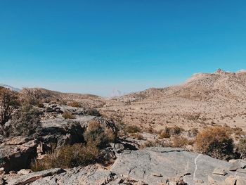 Scenic view of rocky mountains against clear blue sky