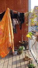 Midsection of woman standing by potted plants