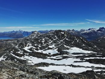 Scenic view of snowcapped mountains against blue sky