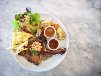 High angle view of food served in plate