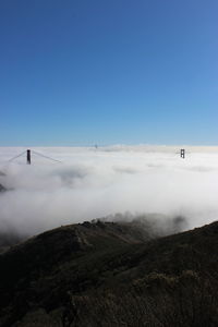 Scenic view of mountains against blue sky