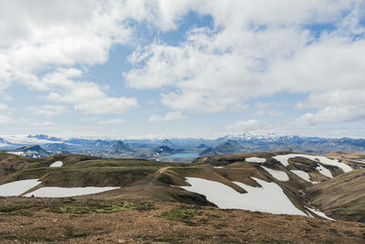 View of landscape in iceland on a nice sunny day during famous laugavegur trail