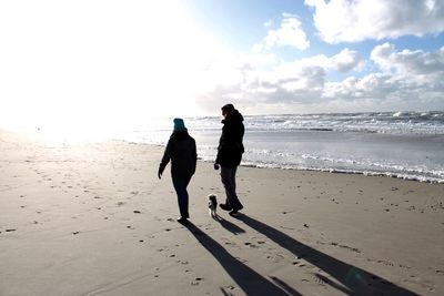 Rear view of silhouette couple with dog walking at beach against sky during sunny day