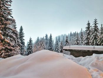 Scenic view of snow covered landscape against clear sky