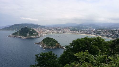 High angle view of city by sea against sky