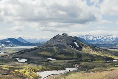 View of landscape in iceland on a nice sunny day during famous laugavegur trail