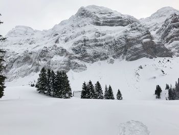 Scenic view of snow covered mountains against sky