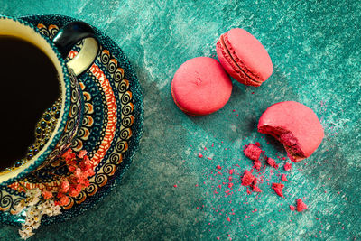 High angle view of multi colored candies on table