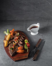 High angle view of food in plate on table