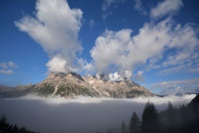 Panoramic view of snowcapped mountains against cloudy sky