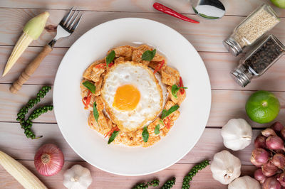 High angle view of breakfast served on table