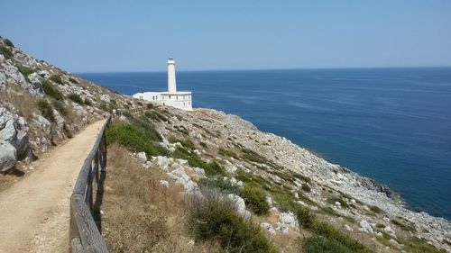 Lighthouse by sea against clear sky