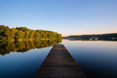 Pier over lake against clear blue sky