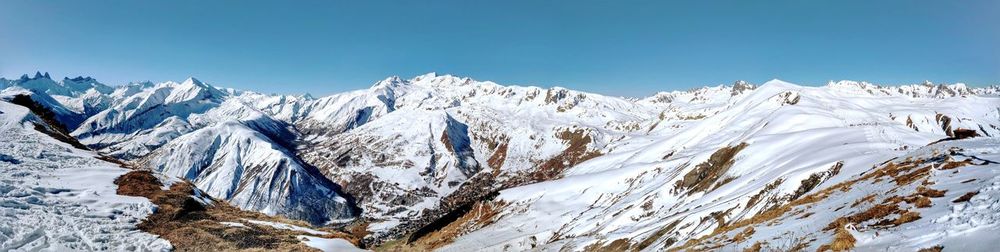 Scenic view of snowcapped mountains against clear sky