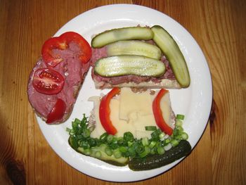 Directly above shot of meat in plate