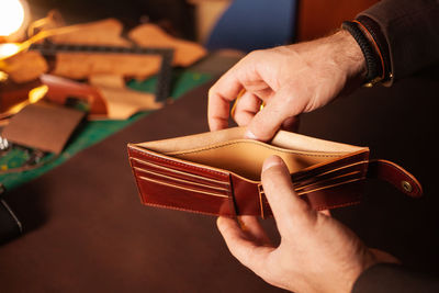 Beautiful genuine leather purse, workshop, diy instruction, professional work, good for sale. brown