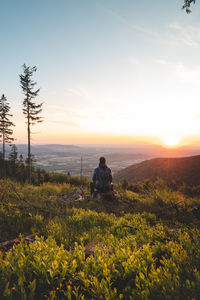 Rear view of man sitting on field against sky during sunset