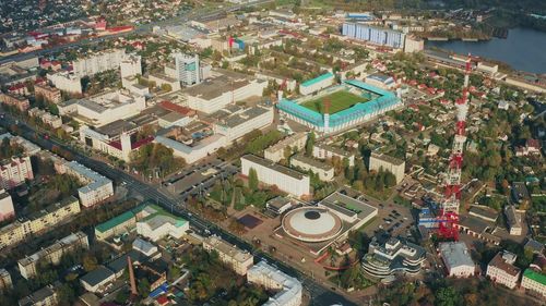 High angle view of buildings in city