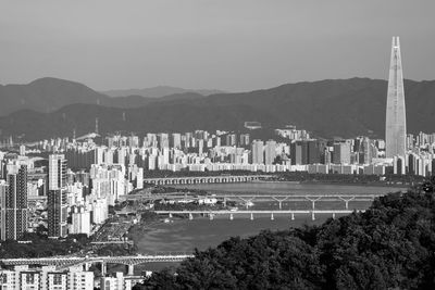 High angle view of city buildings