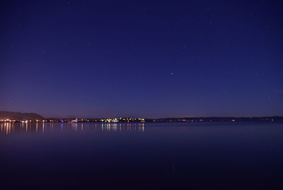 Scenic view of lake against blue sky at night
