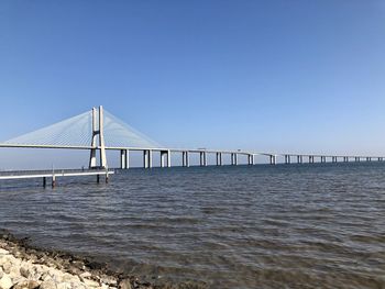 Bridge over calm sea against clear sky