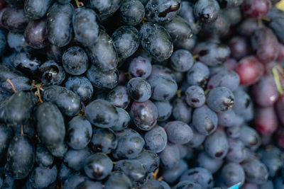 Black ripe grapes close-up, lies on the counter of the market