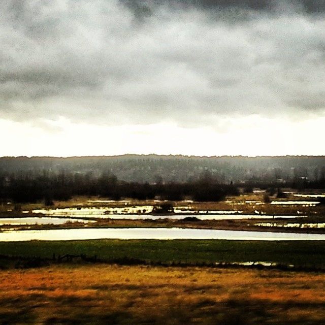 sky, cloud - sky, cloudy, landscape, field, cloud, tranquil scene, overcast, weather, tranquility, nature, scenics, rural scene, road, beauty in nature, storm cloud, agriculture, transportation, outdoors, dusk