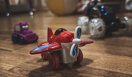 Close-up of toy car on table at home