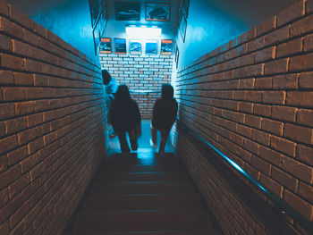 Rear view of women walking on staircase