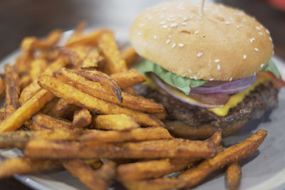 Close-up of burger on plate