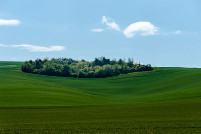 Scenic view of golf course against sky