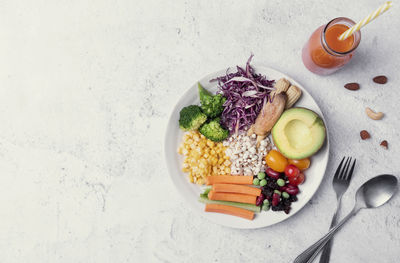 High angle view of breakfast served on table