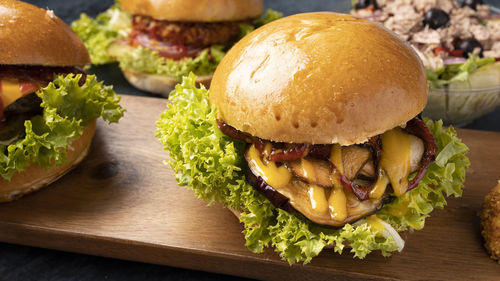 Close-up of burger on table