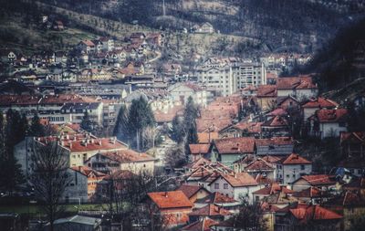 High angle view of buildings in city