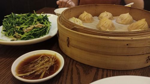 High angle view of various food on table