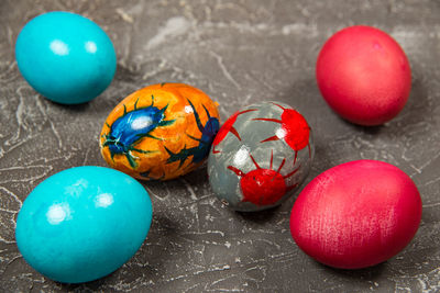 Close-up of multi colored eggs on table