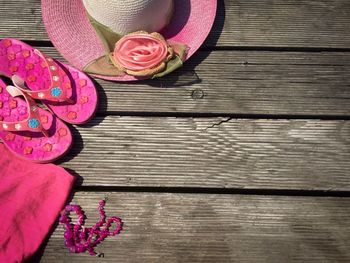 High angle view of pink flowers on table