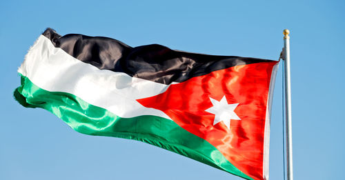 Low angle view of flag against clear sky