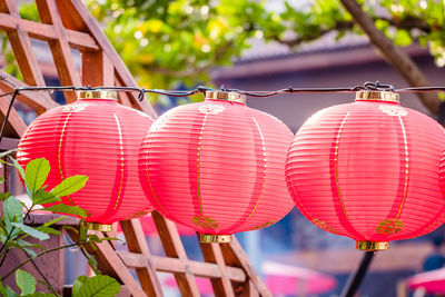Close-up of lanterns hanging outdoors