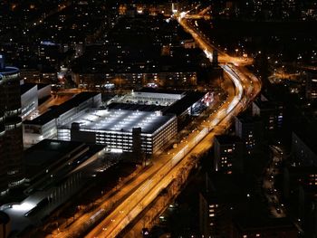 High angle view of city street at night