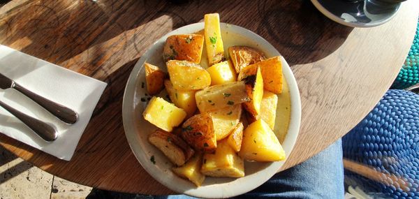 High angle view of meal served on table