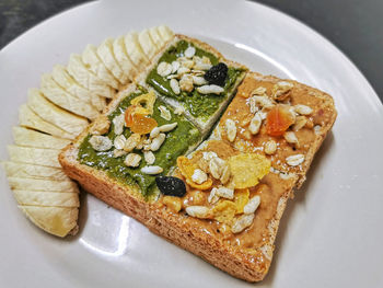 High angle view of breakfast served on table