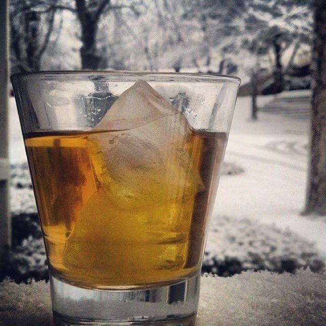 drink, refreshment, food and drink, cold temperature, drinking glass, focus on foreground, close-up, alcohol, freshness, glass - material, table, beer glass, yellow, still life, beer - alcohol, transparent, ice cube, tree, day, outdoors