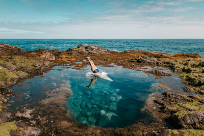 View of crab on rock by sea against sky