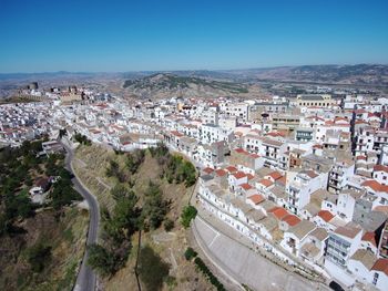 High angle shot of townscape against sky