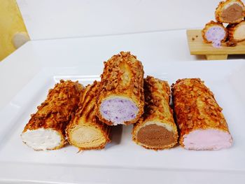 High angle view of bread in plate on table