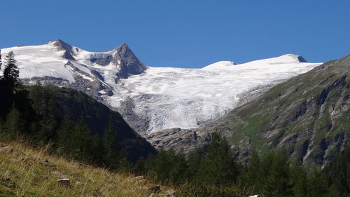 Scenic view of snowcapped mountains against clear blue sky